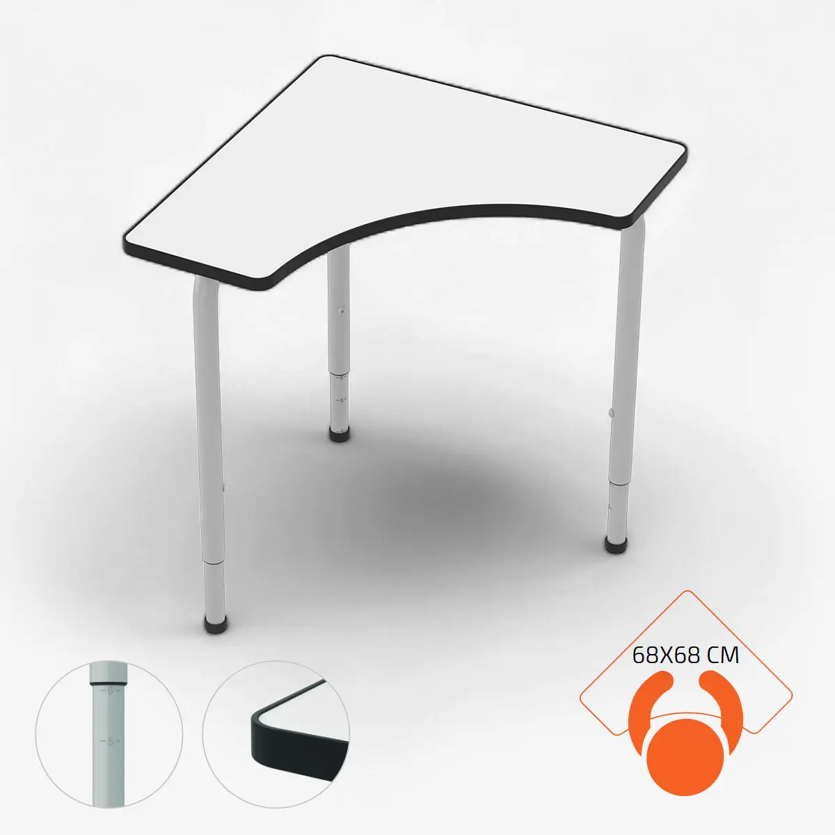 Höhenverstellbarer Schultisch | Dreieckig 68x68 cm - EN 1729-zertifiziert - Höhenverstellung 64-82 cm - 2 mm Kantenschutz